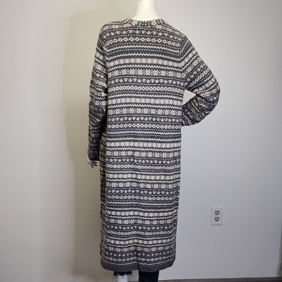 J Jill Womens M Fair Isle Boucle Duster Cardigan Sweater Gray Ivory Cotton Blnd - Picture 6 of 10